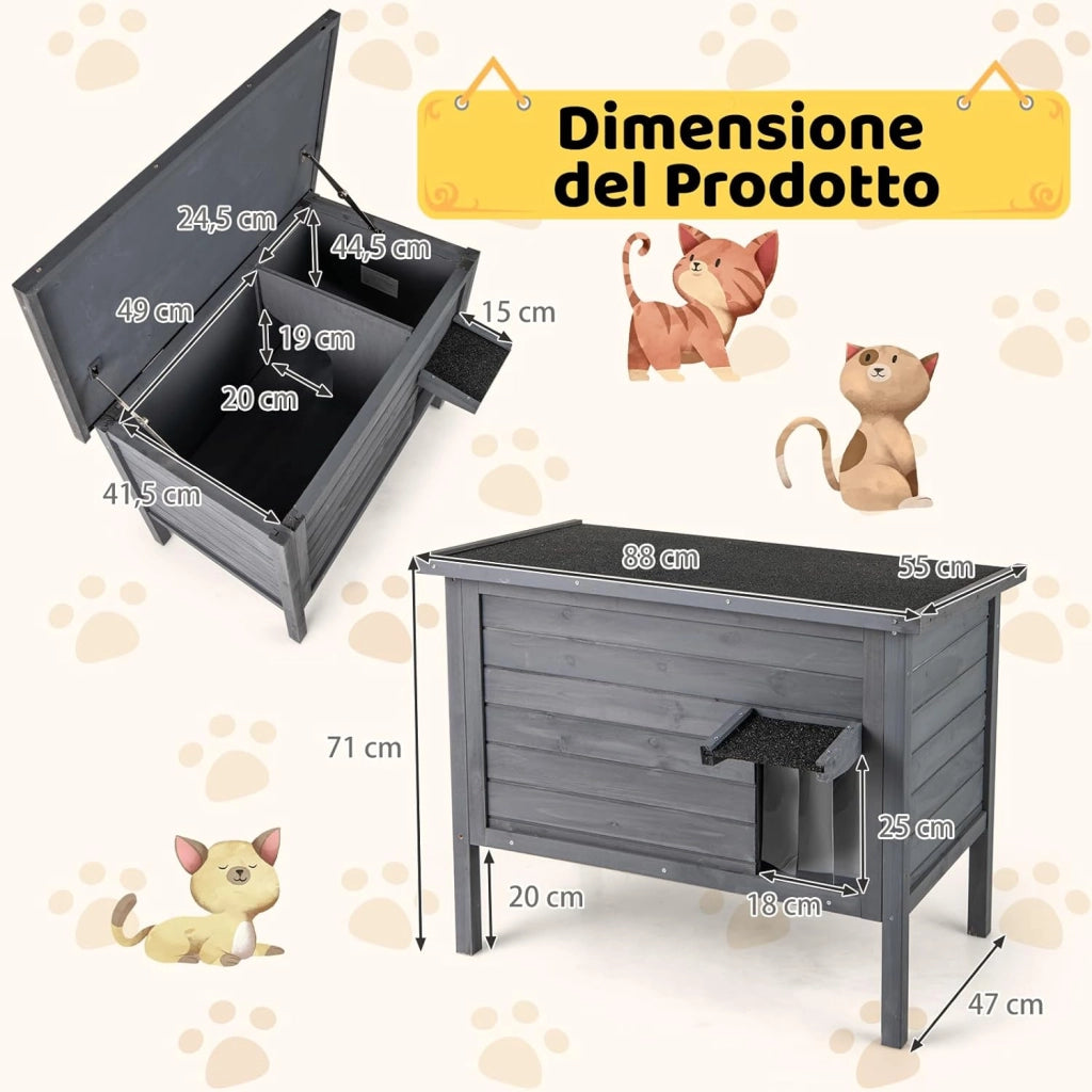 Cuccia per Gatti da Esterno Inverno, Cassetta per Gatti Impermeabile in Legno con Isolamento in Schiuma, 2 Comparti Spaziosi, Tetto Apribile in Asphalt e Porta, 88 x 55 x 71 cm (Grigio)