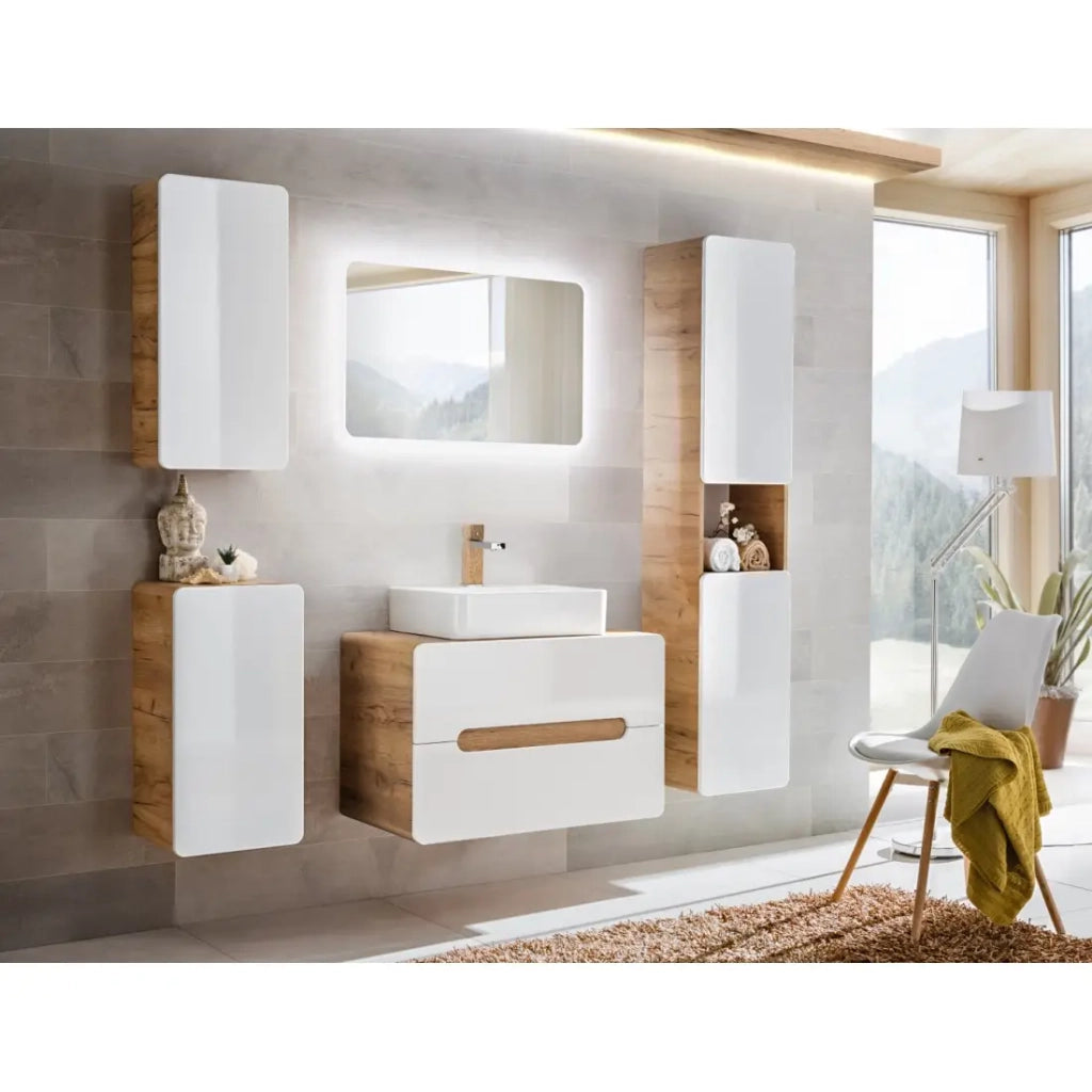 Colonna bagno ERBANO – Rovere chiaro e bianco lucido – 35x170 cm – 2 porte – Da appendere