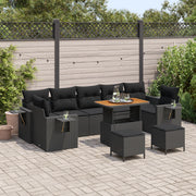 Set di Divani da Giardino con Cuscini da 10 Pezzi Polyrattan Nero Acacia