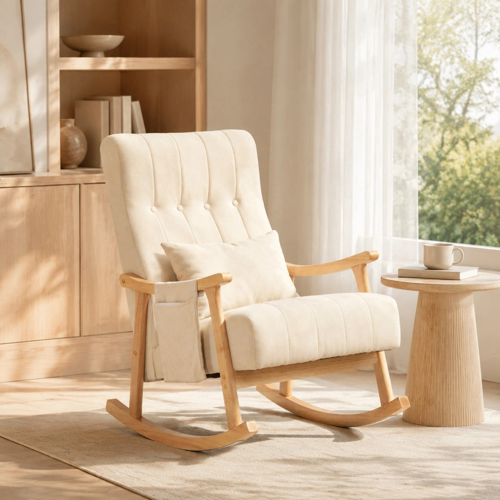 Poltrona a dondolo 65x90x98 cm con tasche laterali e cuscino lombare in poliestere beige