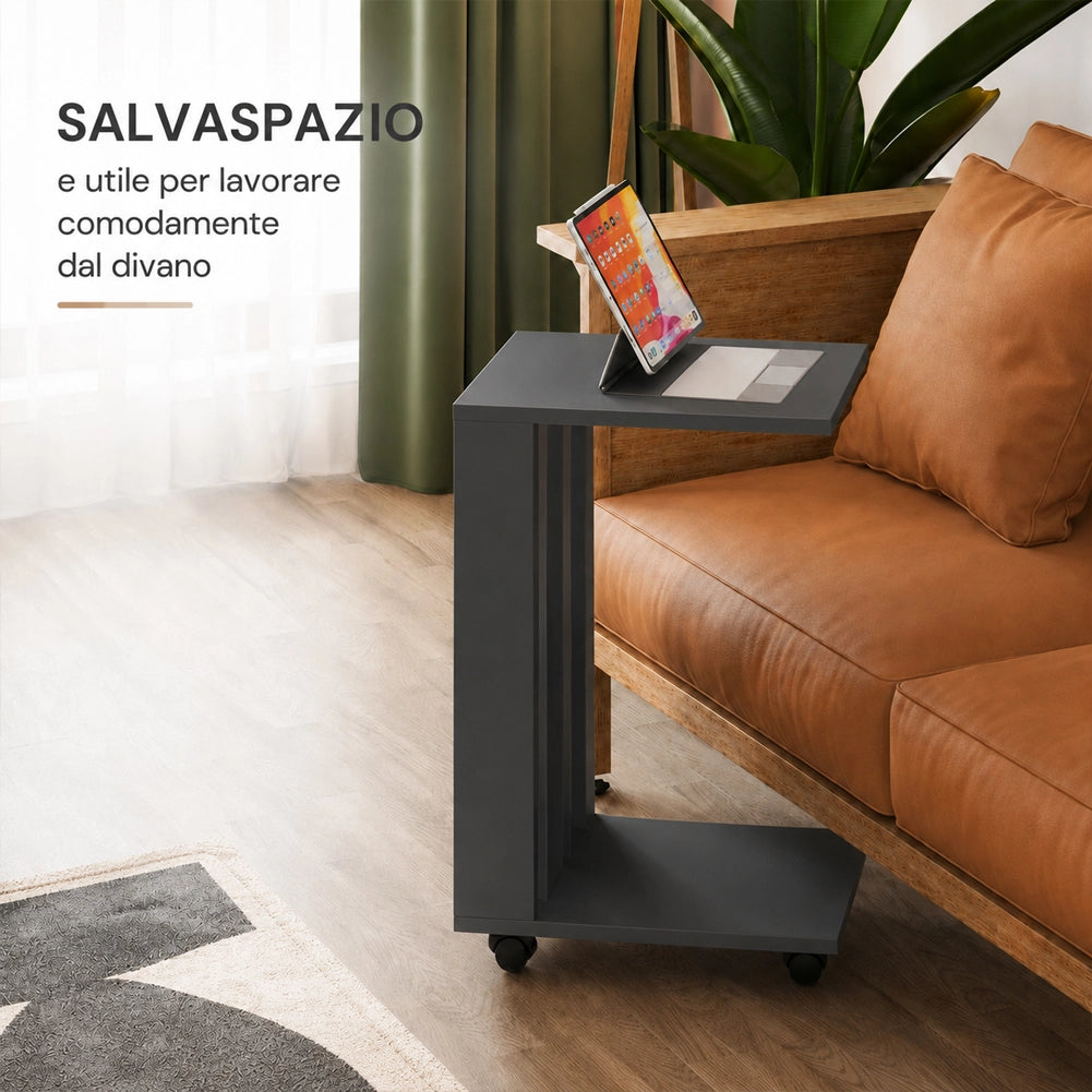 Tavolino Ausiliario Ruote Design Moderno Mobile Letto Divano Colore Antracite