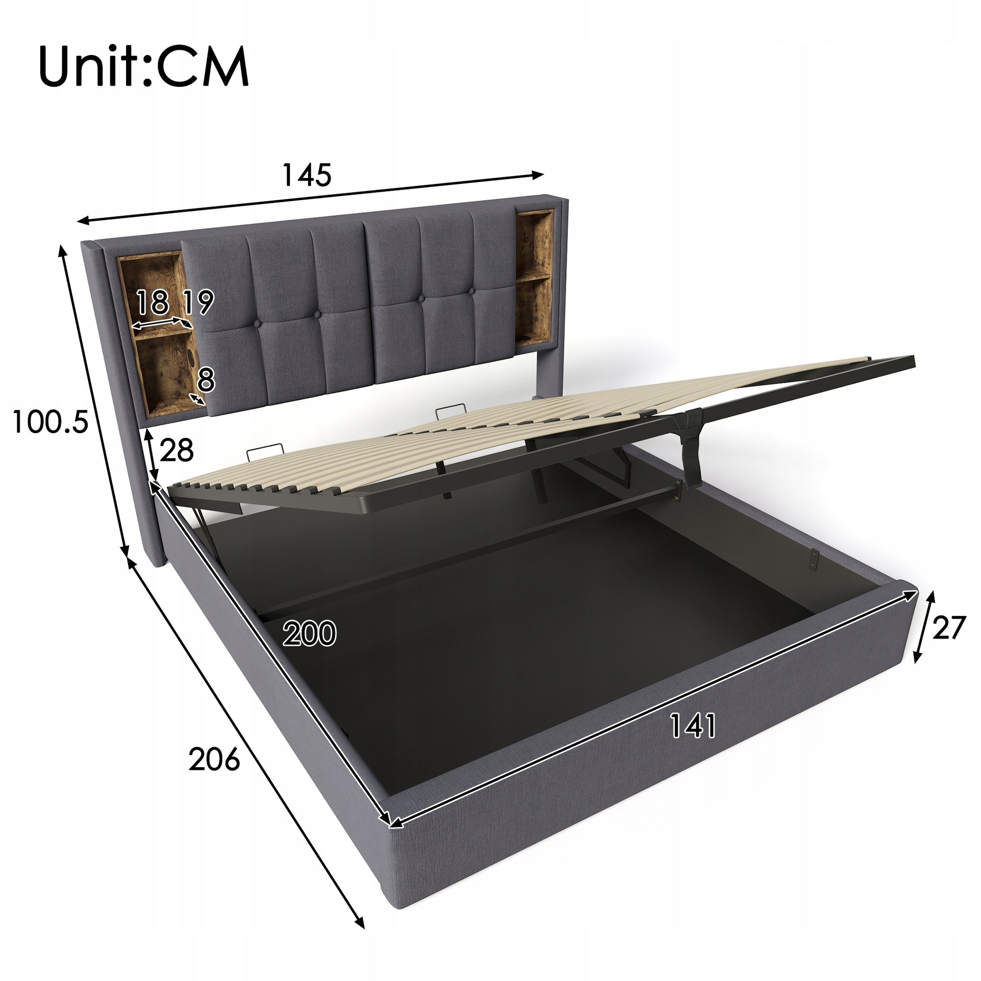 Letto 140x200 imbottito - Xylo - Grigio, con materasso, ricarica wireless e USB-C