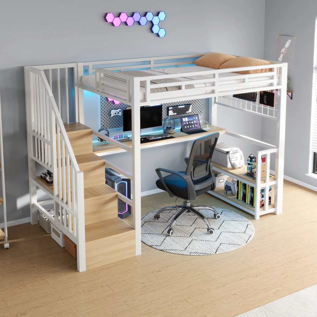 Letto a castello bianco con funzione di scaffale e scrivania in metallo 90x200 cm