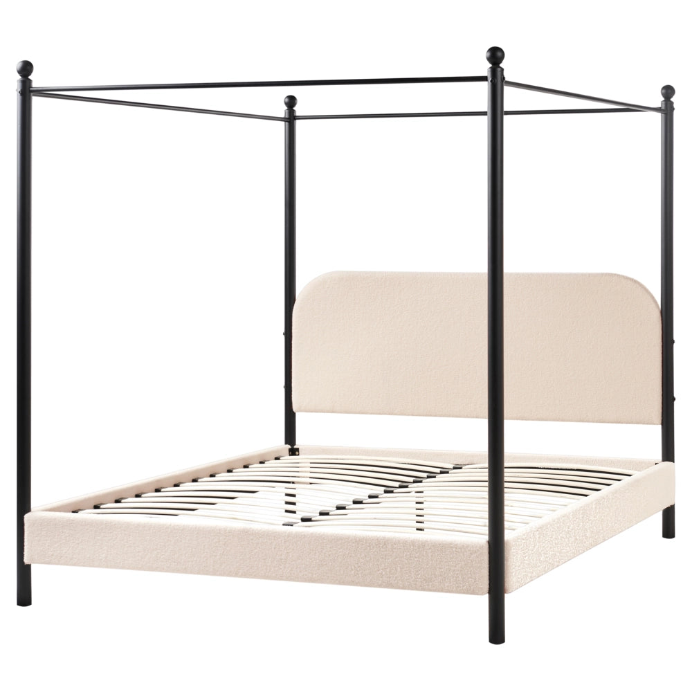 Letto a baldacchino in metallo nero con rivestimento in bouclé beige 140 x 200 cm EU Dimensioni doppie Retro Minimalista