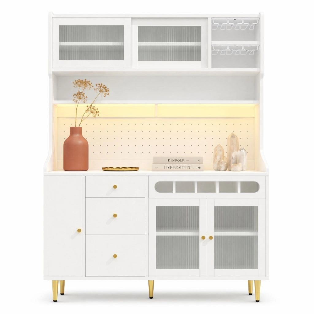 Credenza alta 145x39x171 cm bianca in MDF, LED, portabottiglie e ripiani regolabili