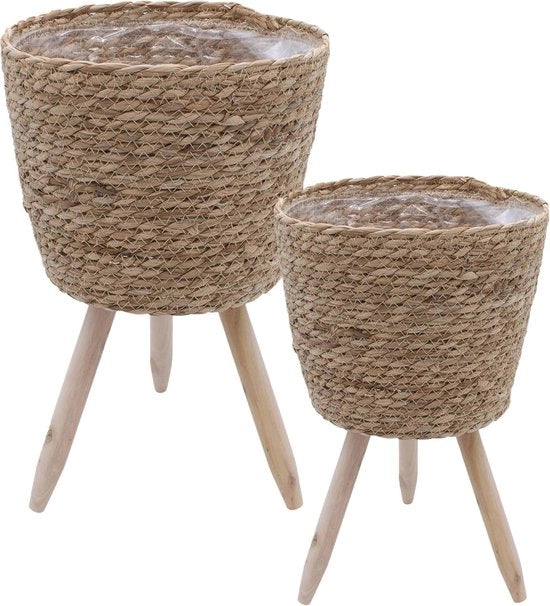 Standaard per interno in plastica con rivestimento in plastica set da 2 - Ø 26 e 20 cm - standaard per piante con 3 gambe in legno - vaso decorativo per piante con gambe per piante da interni