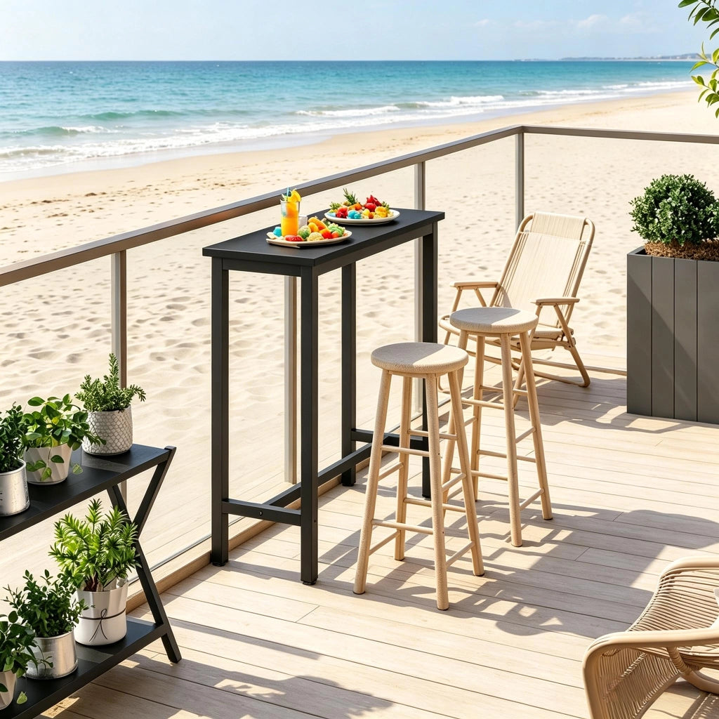 Tavolo da bar in metallo e legno con struttura stabile, stile industriale, per cucina e soggiorno, nero, 40 × 100 × 100 cm