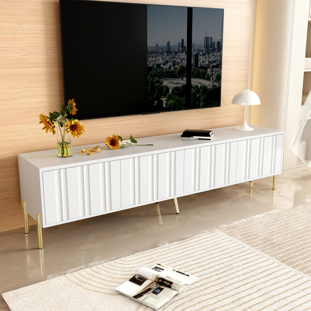 TV Schrank bianco 190 cm con 4 ante; 8 ripiani e gambe dorate