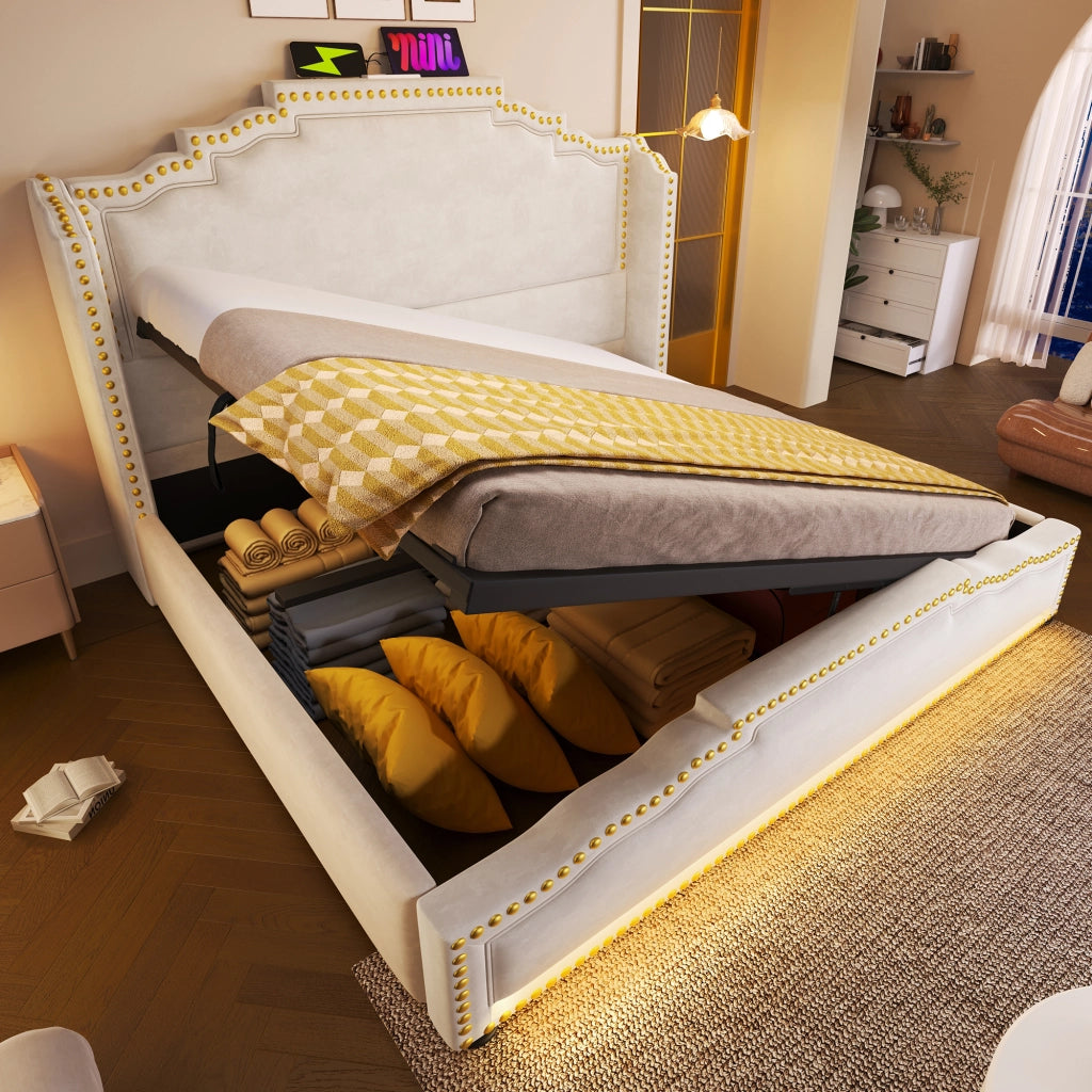 Letto Imbottito Contenitore Matrimoniale ¨C MINIMAL ¨C Velluto Beige, LED, USB, Doghe, 140x200
