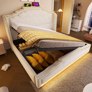 Letto Imbottito Contenitore Matrimoniale ¨C MINIMAL ¨C Velluto Beige, LED, USB, Doghe, 140x200
