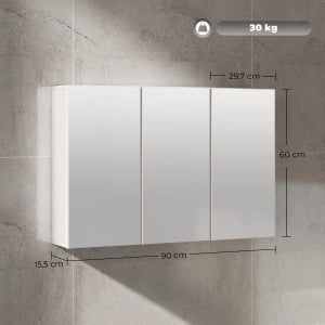 Mobile specchiera da bagno con 3 ante a specchio, pensile, 90 x 15,5 x 60 cm, bianco