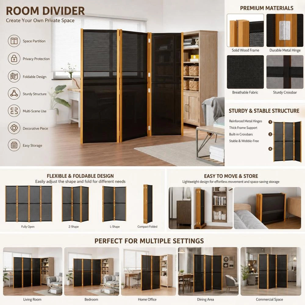 3-piece Room Divider, Black, 210x180 Cm
