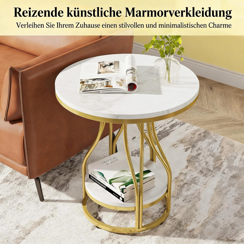 Tavolino basso fisso rotondo a 2 ripiani in marmo artificiale bianco e oro 50 × 50 × 60 cm