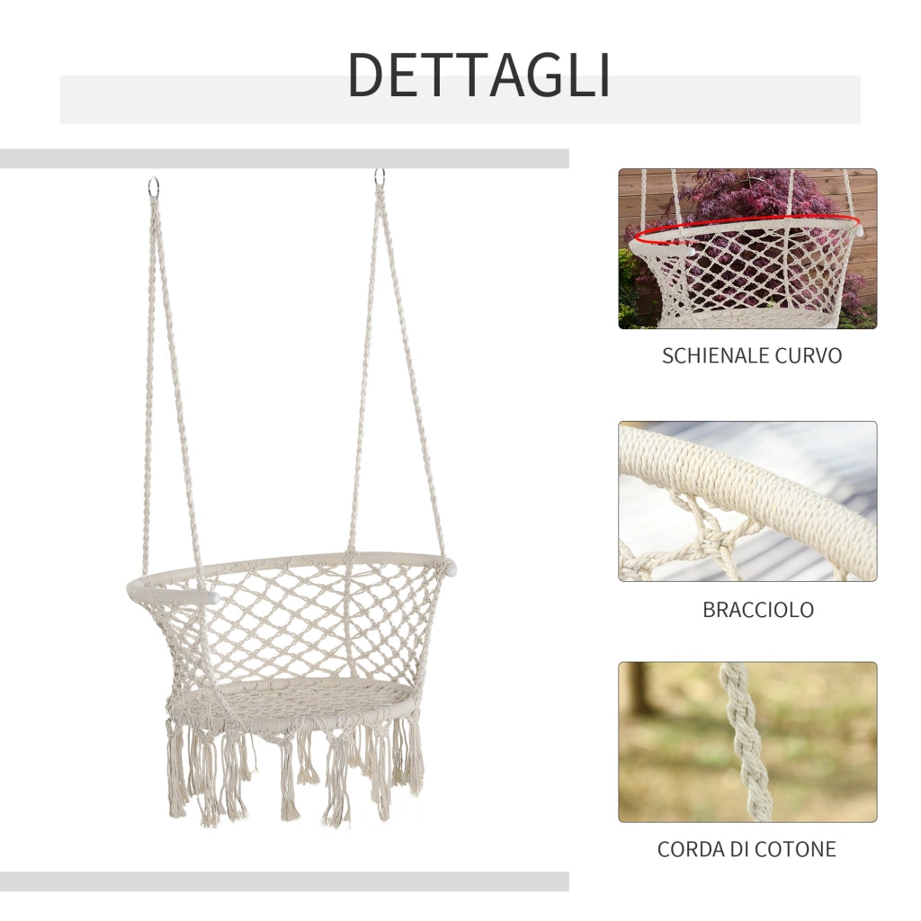 Easycomfort Amaca da Giardino in Stile Boho Chic, Sedia Sospesa in Poliestere e Macramè per Interni ed Esterni, Crema, 80x60x36cm
