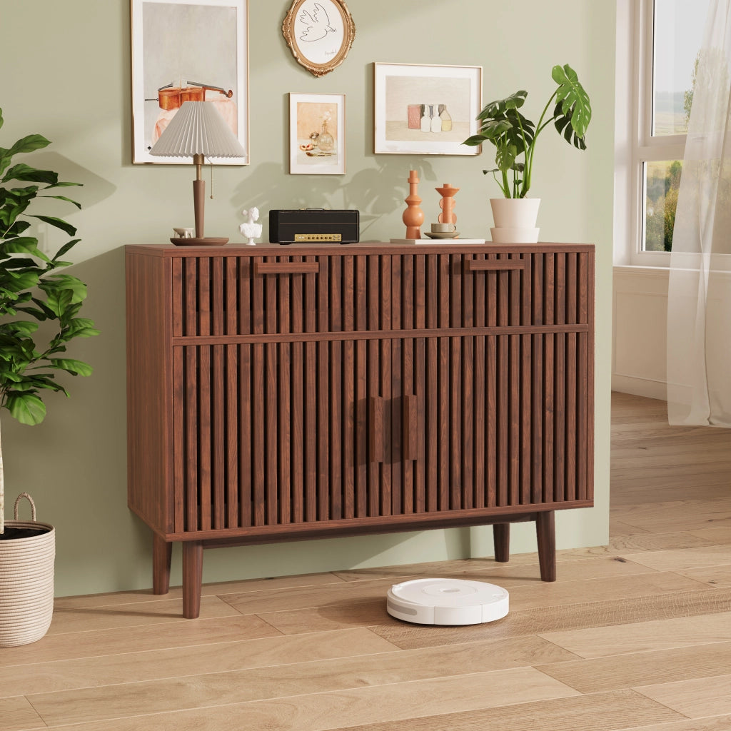 Credenza buffet 100cm effetto legno marrone, mobile soggiorno 2 cassetti ammortizzati e 2 ante, struttura robusta per cucina e sala da pranzo