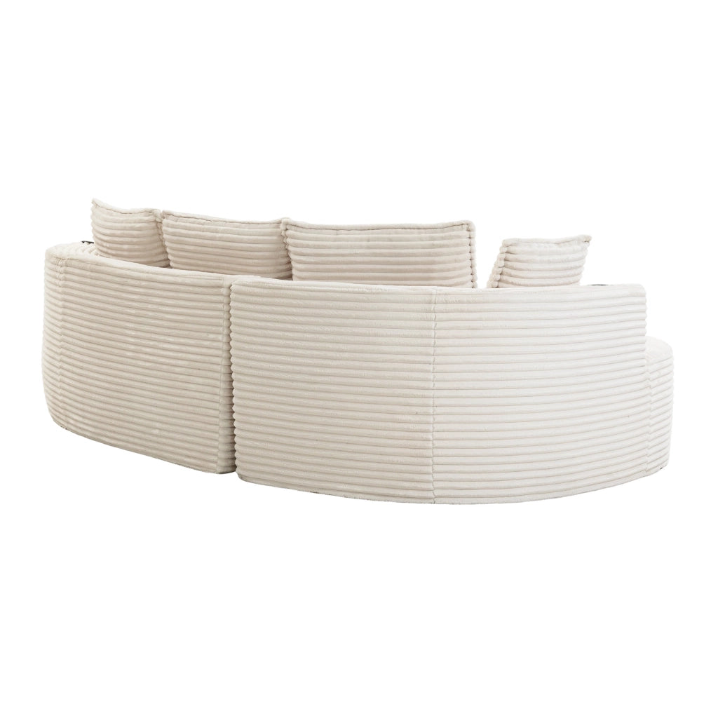 Divano curvo beige in velluto a coste con portabevande e tasche laterali per il massimo comfort