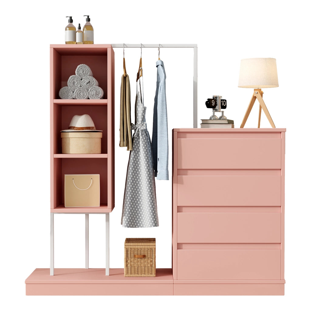 Set Armadio con Cassettiera e Appendino, Rosa, 140x40x135 cm