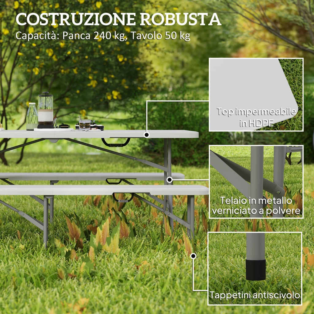 Set da Pic Nic Pieghevole 3 Pezzi con Tavolo e 2 Panche ¨C Zephmum ¨C HDPE, Metallo, Bianco e Grigio Chiaro