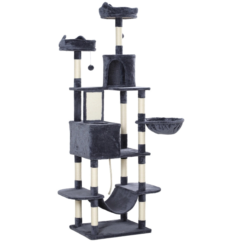 Albero tiragraffi per gatti 206 cm con 2 cucce, 2 amache, 2 palline gioco, paletti in sisal, grigio scuro