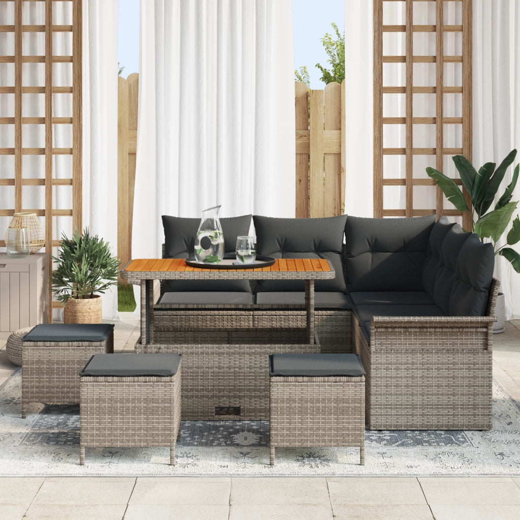 Set di divani da giardino  9 pezzi con cuscini grigio in polyrattan e acacia