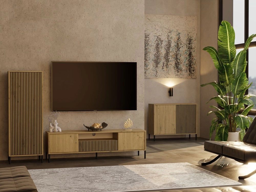 Cassettiera frontale scanalato mobile KAMARO 2d slim / liscio rovere artisan doghe decorative per camera e soggiorno