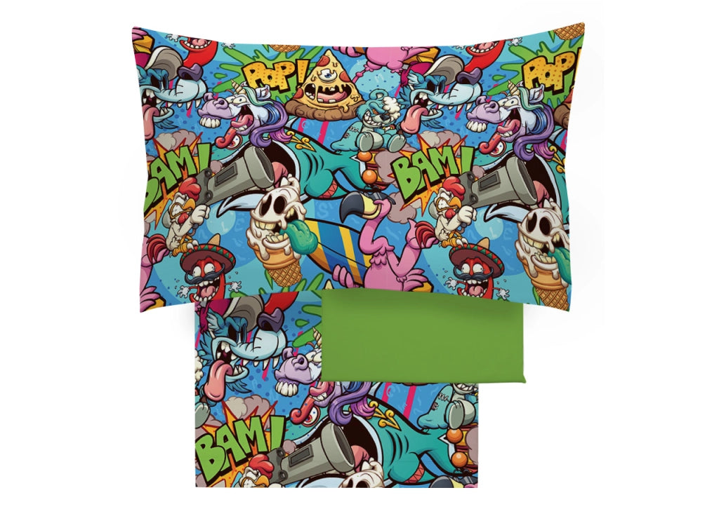 Completo Lenzuola Freestyle Per Ragazzi 100% Cotone Digitale Crazy Pizza - Piazza E Mezza - Crazy Pizza