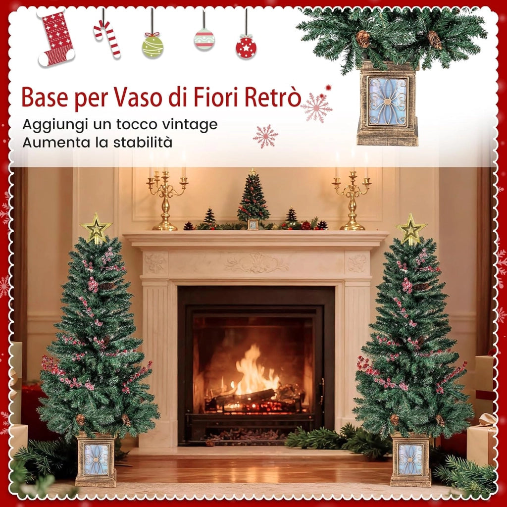 Set di 2 Alberi di Natale in Vaso con Pigne, Stella e Ghirlanda | Decorazione Natalizia per Camino, Ingresso e Festa con Corona e Bacche Rosse Ghiacciate