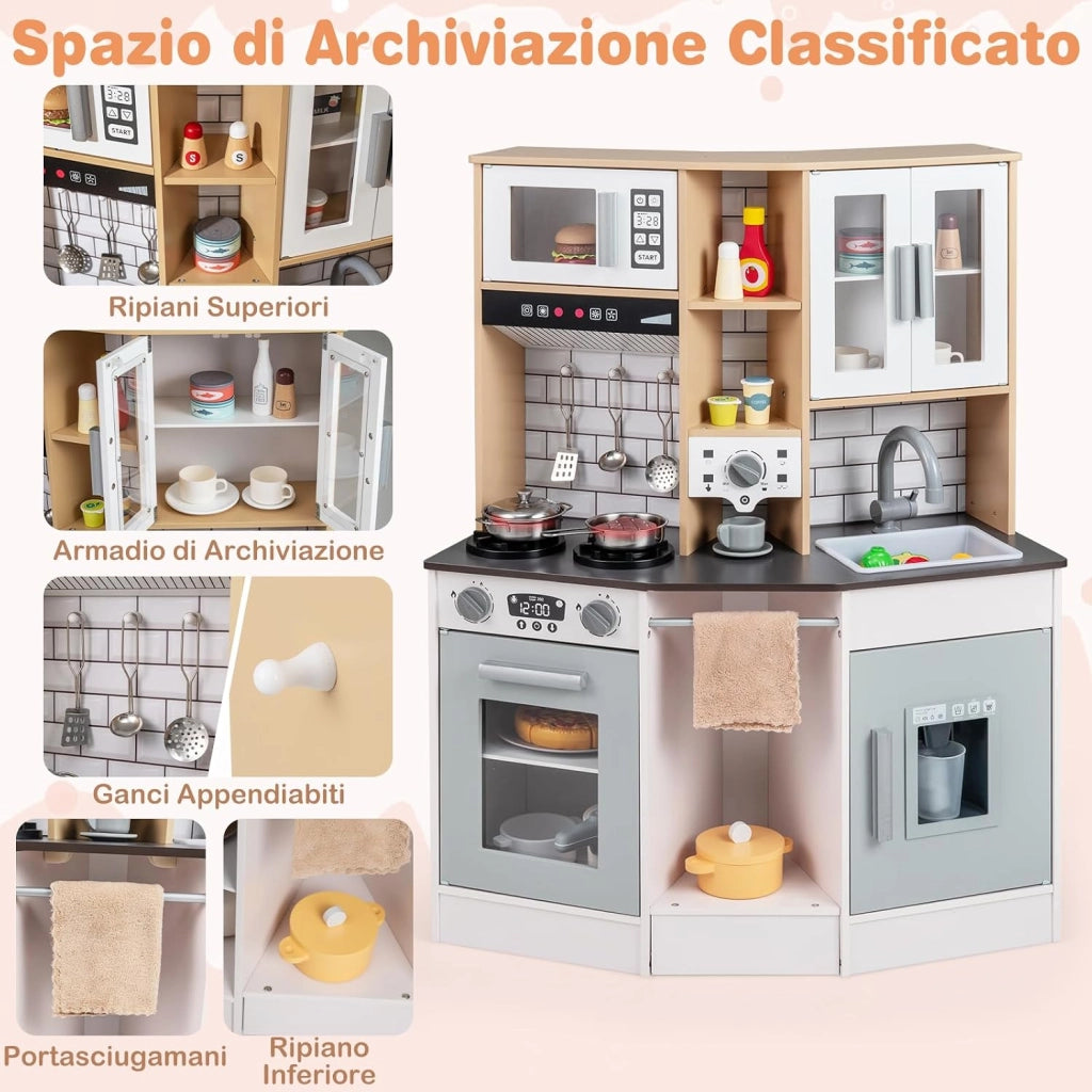 Cucina Giocattolo per Bambini, Cucinetta in Legno con Suoni e Luci, Fornello, Lavandino, Macchina del Caffè, Gioco Cucina di Ruolo per Bambini 3+ Anni (Grigio)