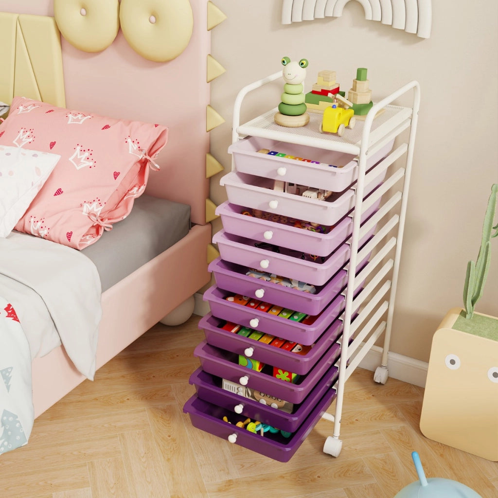 Carrello cassettiera multiuso con 10 cassetti da cucina-Buffet-Armadio da cucina Contenitore con ruote a 10 ripiani per bagno Viola