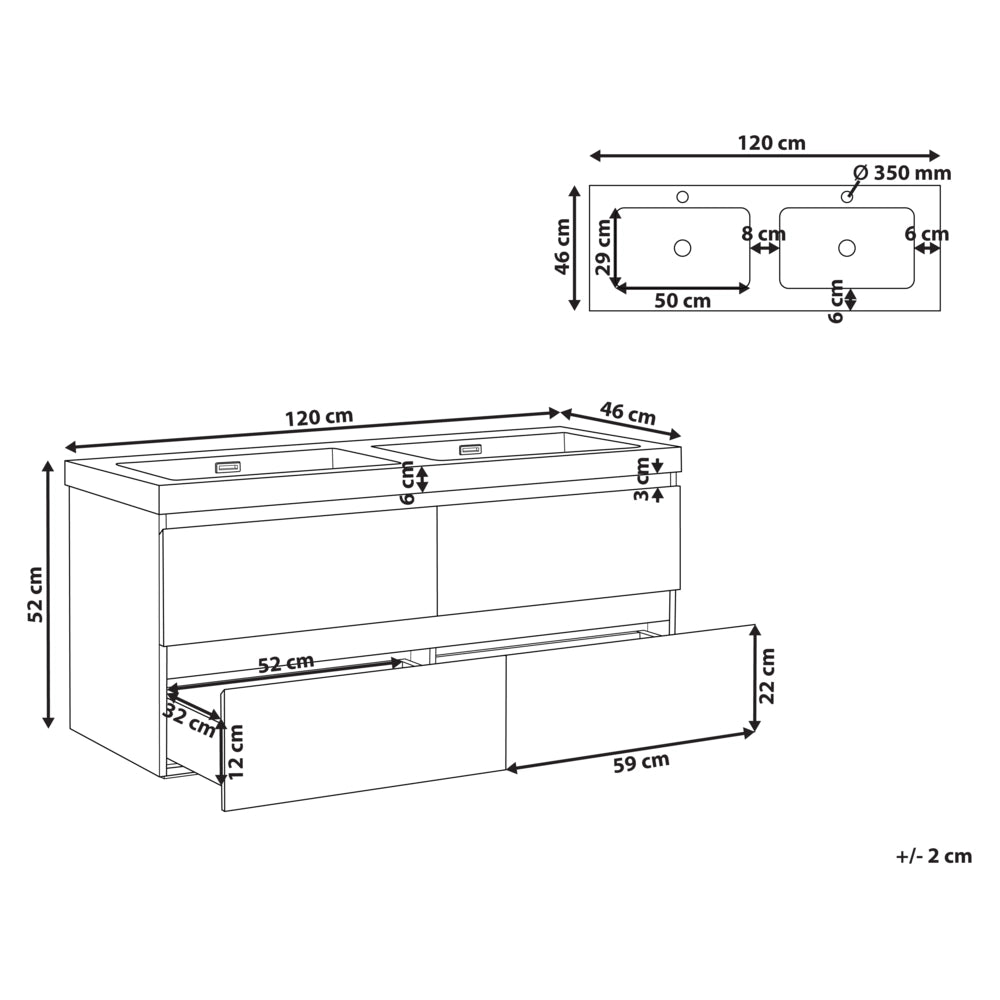 Mobiletto pensile con lavabo in legno MDF 2 cassetti 120 x 46 cm marrone scuro stile moderno