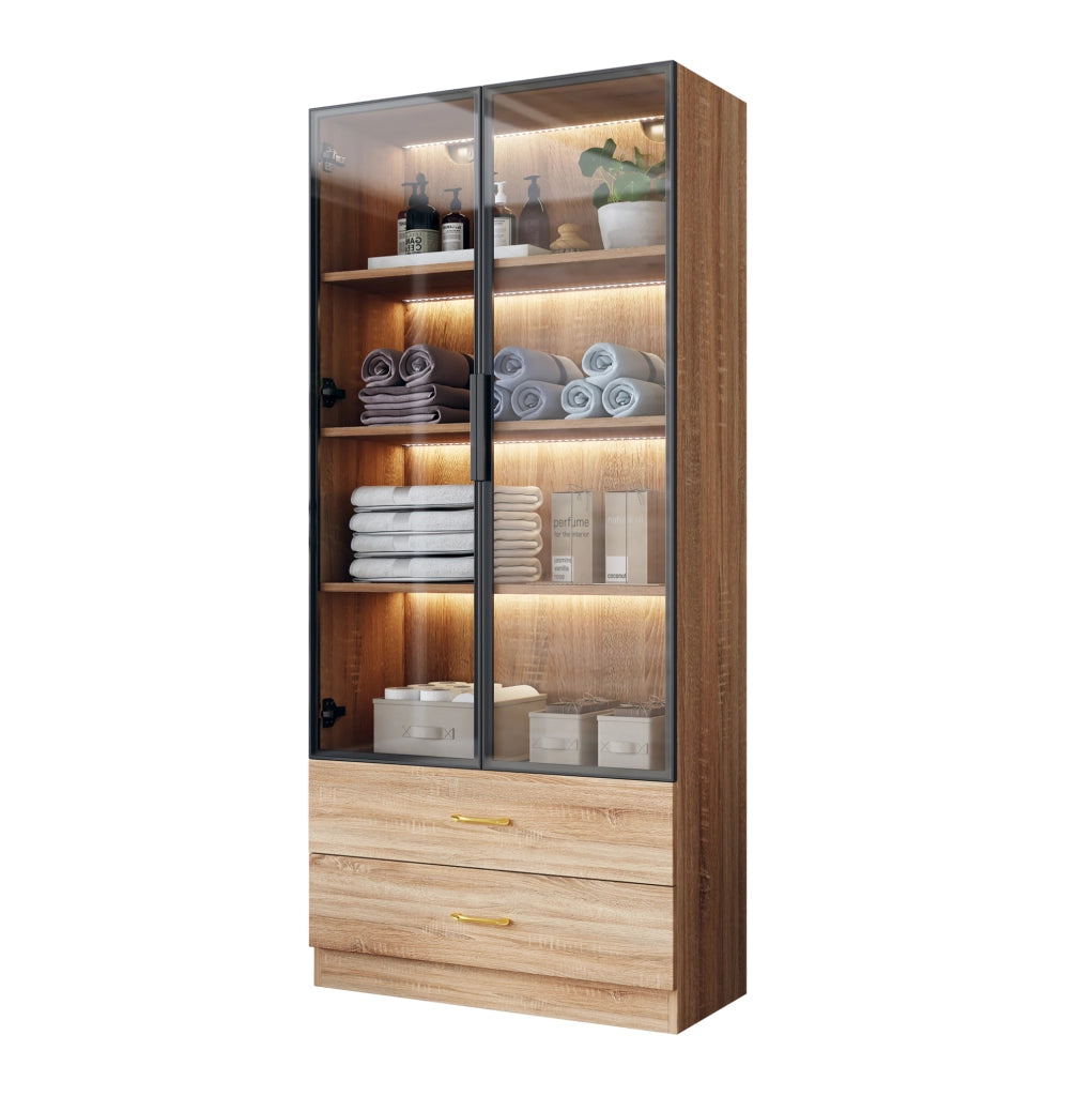 Armadio bagno 75 cm in MDF marrone con luce, 2 cassetti e ante in vetro