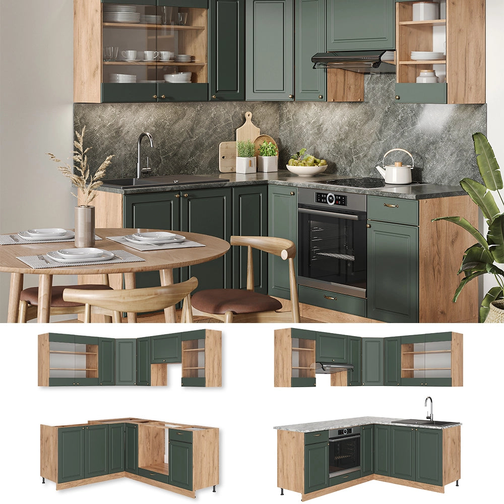 Cucina angolare completa Fame-Line Verde-oro rustico/Rovere dorato 190 x 60 cm, PL Marmo Vicco