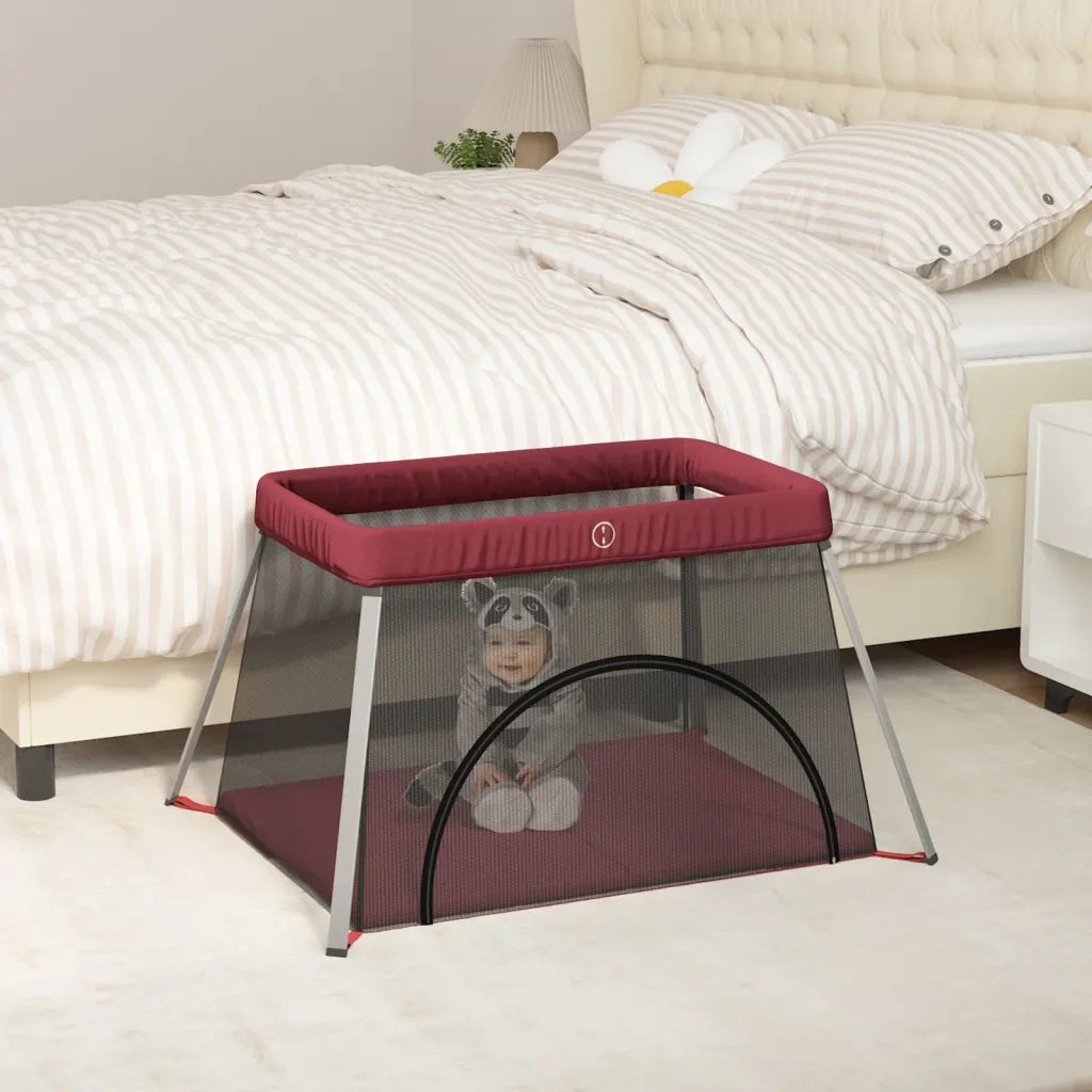 Box per Bambini con Materasso Rosso Tessuto di Lino CFW2698533