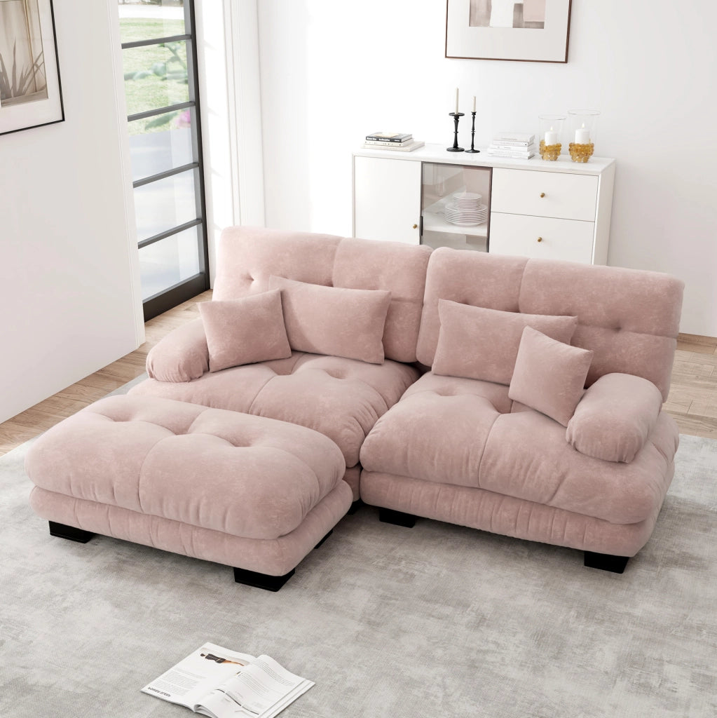 Divano angolare Cloud in chenille rosa con pouf e cuscini lombari per il soggiorno