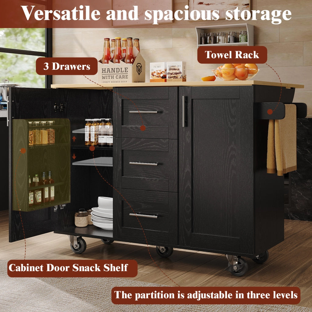 OKWISH Carrello da Cucina con 3 Cassetti, Piani Ribaltabili e Portaasciugamani, Ruote Rimovibili, Nero