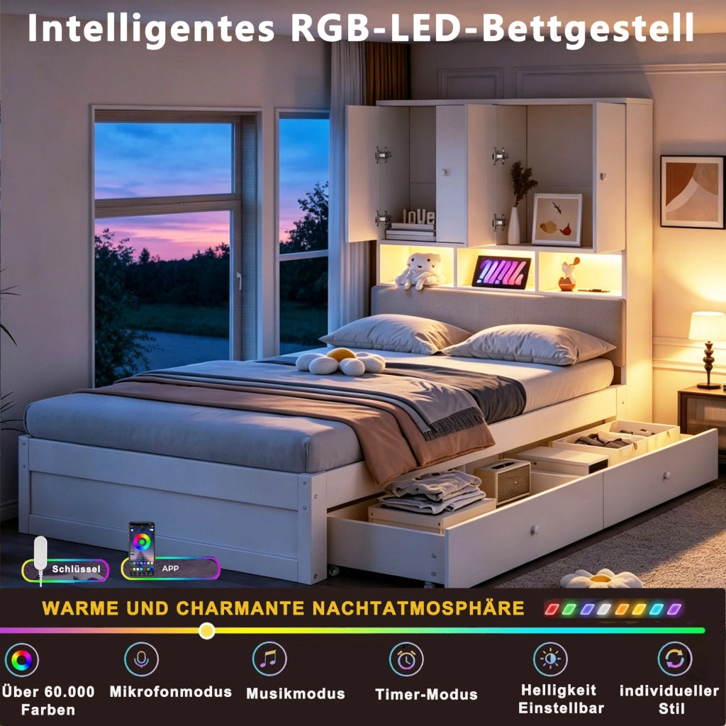 Letto in legno 90 x 200 cm, testiera imbottita, con vano portaoggetti, illuminazione a LED, presa di corrente, 2 cassetti, bianco