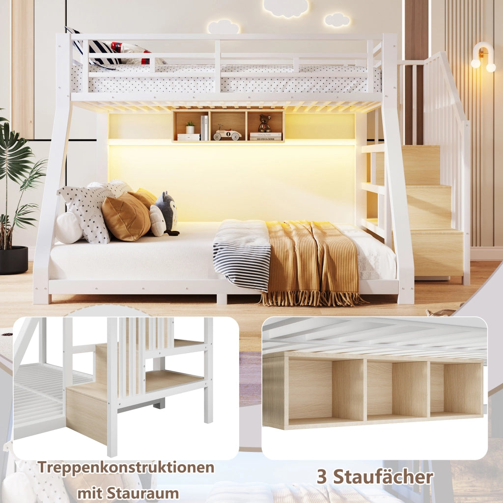 Letto a castello 90 × 200 cm et 140 × 200 cm con 3 scomparti, scale contenitore et LED, senza materasso, in metallo, bianco