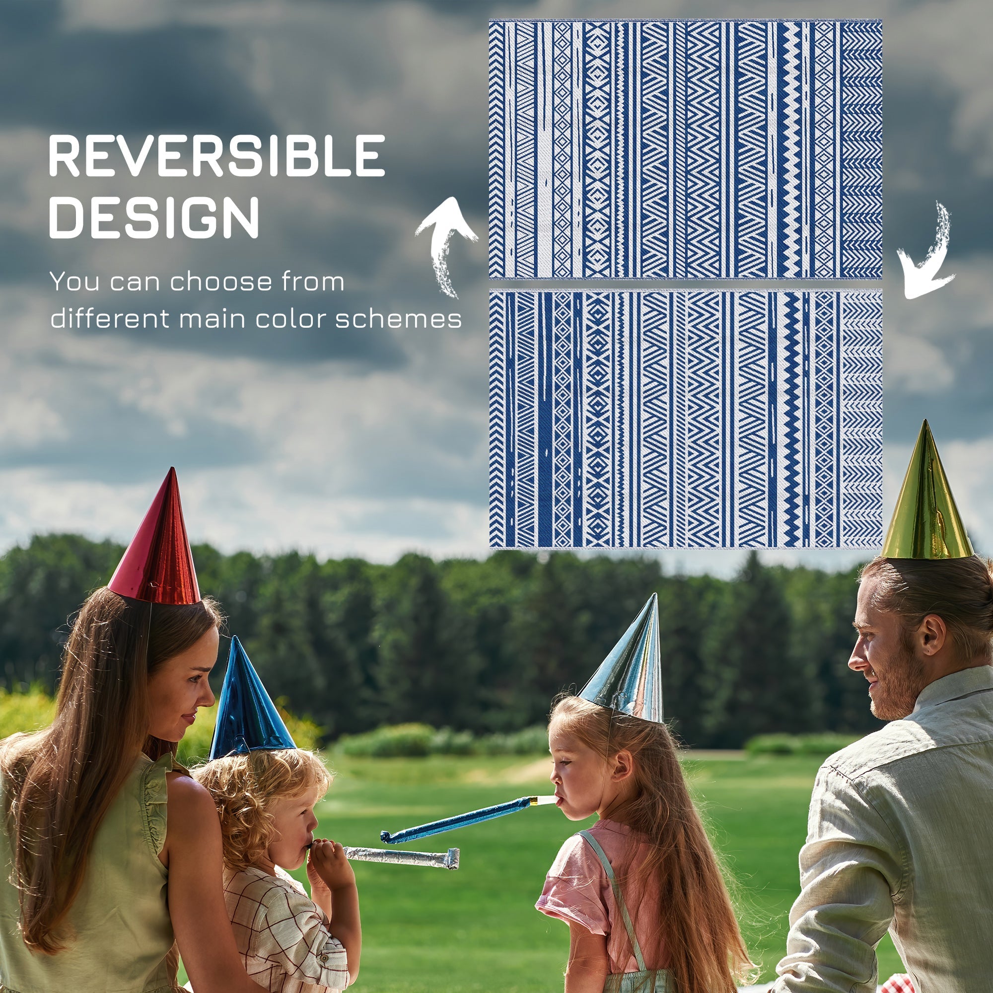 Tappeto per Esterno 182x274 cm Pieghevole e Reversibile  in Polipropilene Blu e Bianco