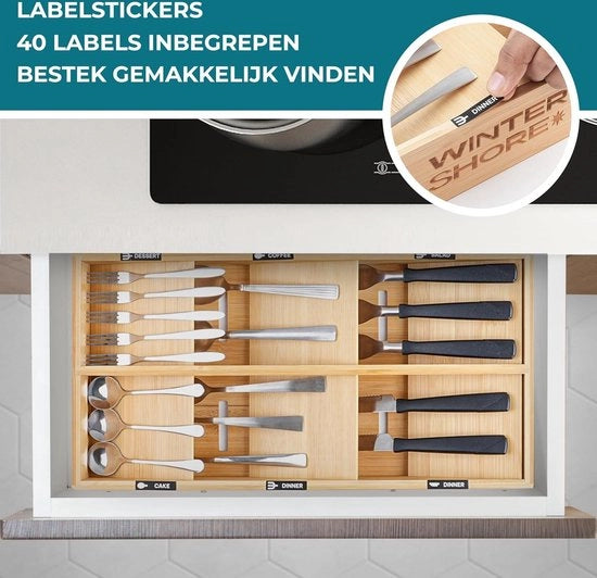 Organizzatore per Cucina in Bambù con Etichette - Scatola per Accessori da Cucina in Legno - Deposito per Posate - 6 Fessure - Organizzatore per Posate in Legno Doppio