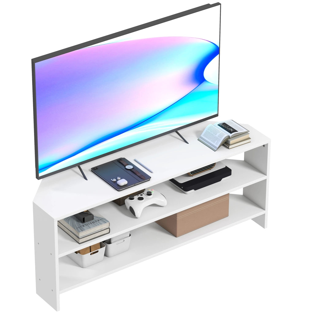 Mobile TV ad Angolo per 47" Max 110x36x45 cm con 2 Ripiani a Giorno in Legno Bianco