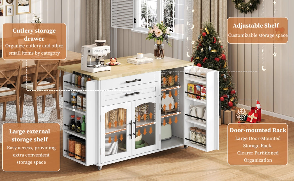 Isola Cucina Mobile con Piano Pieghevole ¨C MINIMAL ¨C 120x45x90, 5 Ruote, Cassetto, Spezie