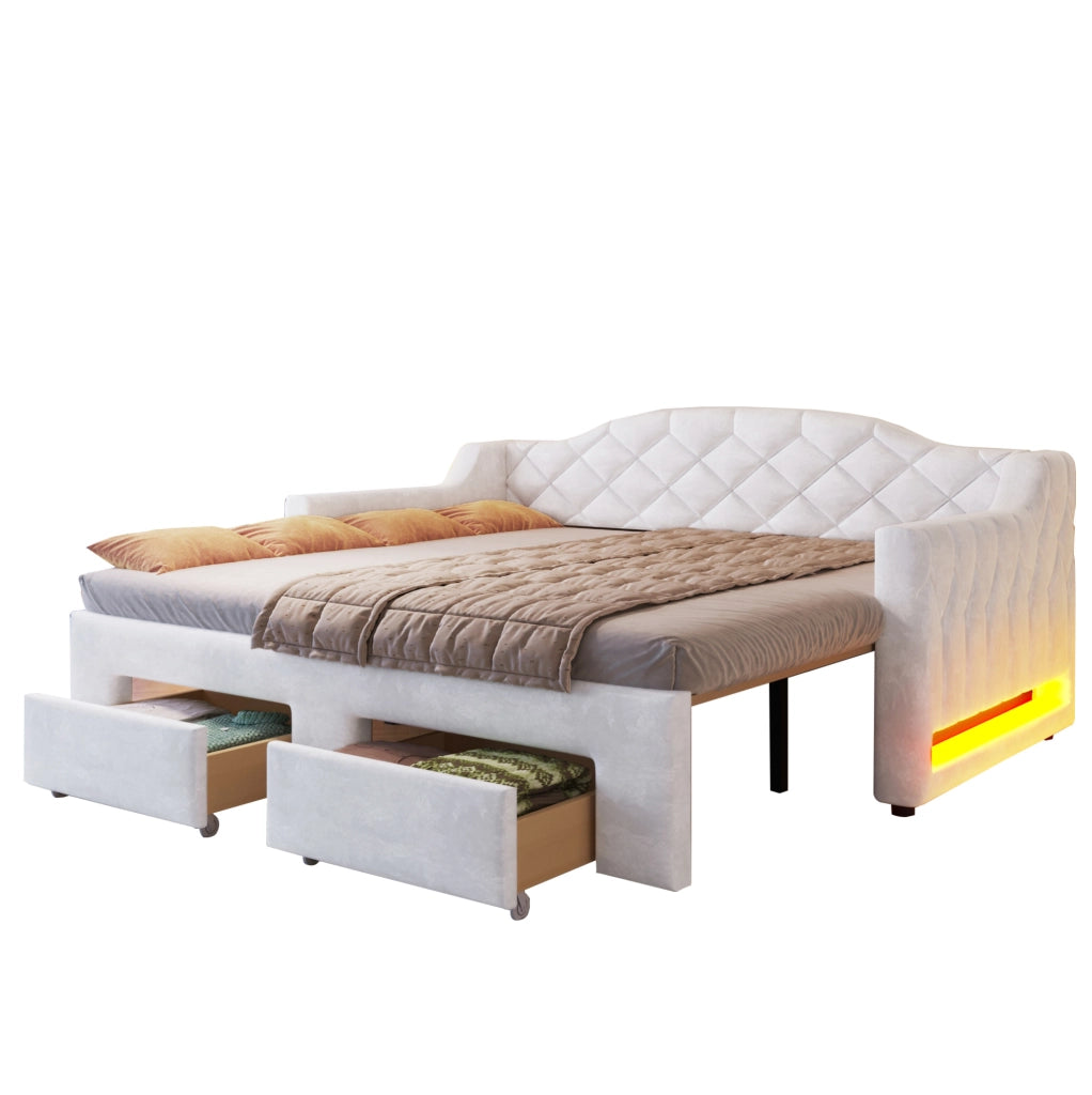 Divano letto imbottito estensibile 90x200 cm fino a 180x200 cm; con 2 cassetti e LED; bianco