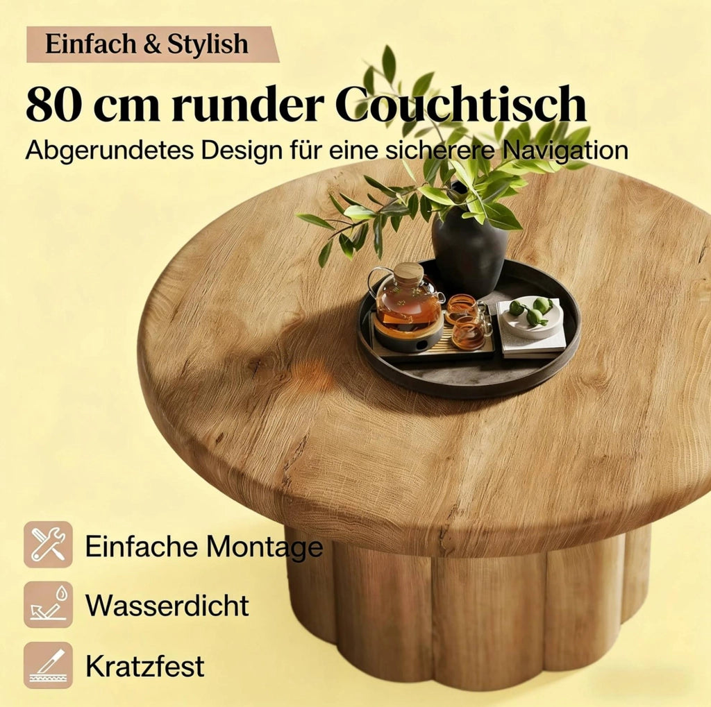 Tavolino da caffè rotondo ? 80 cm in MDF marrone con base scanalata