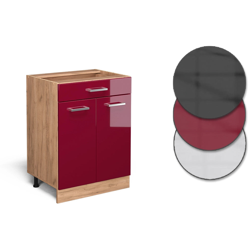 Vicco Mobiletto base per cucina Rosso lucido 60 cm con cassetto, PL Rovere
