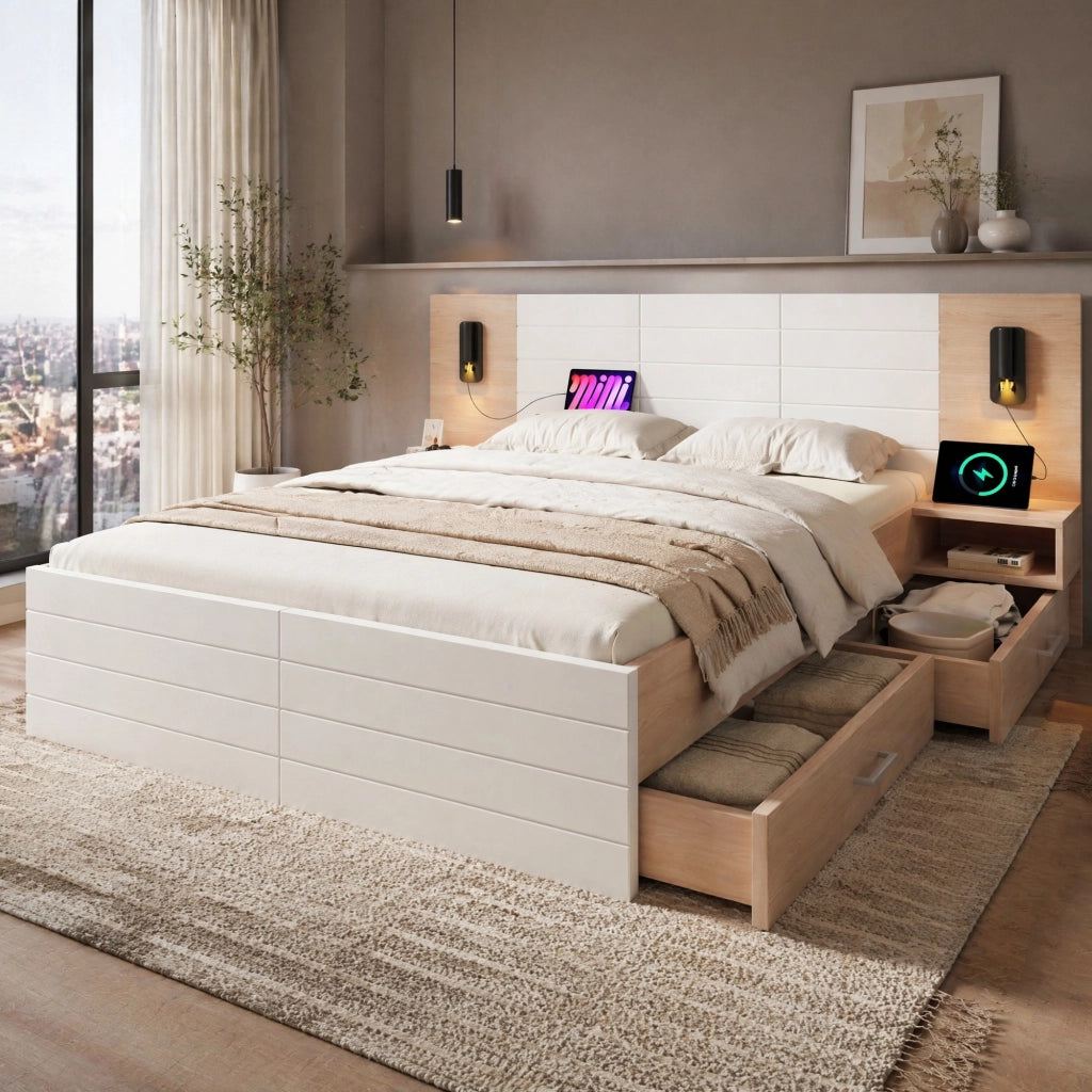 Letto matrimoniale 180x200 cm in legno massello e MDF con 2 cassetti, luci da lettura e USB, colore bianco e rovere