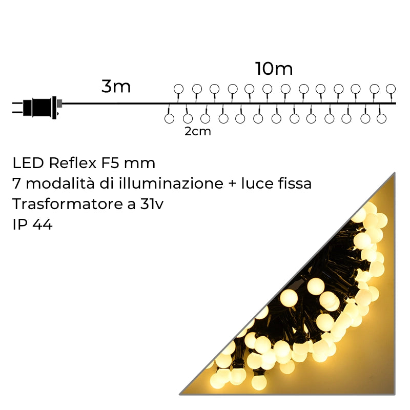 CATENA LUMINOSA LED A SFERA 500 LUCI GIALLE SU CAVO NERO DA 10 METRI - PERFETTA PER DECORAZIONI INTERNE ED ESTERNE