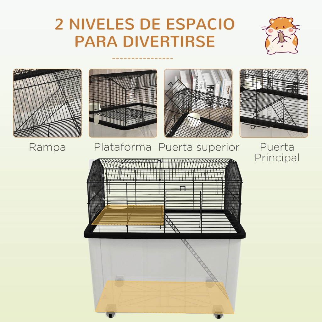 Gabbia per Criceti con Fondo Profondo, Piattaforma e Ruote ¨C Minimal ¨C 57x43x57 cm Nero