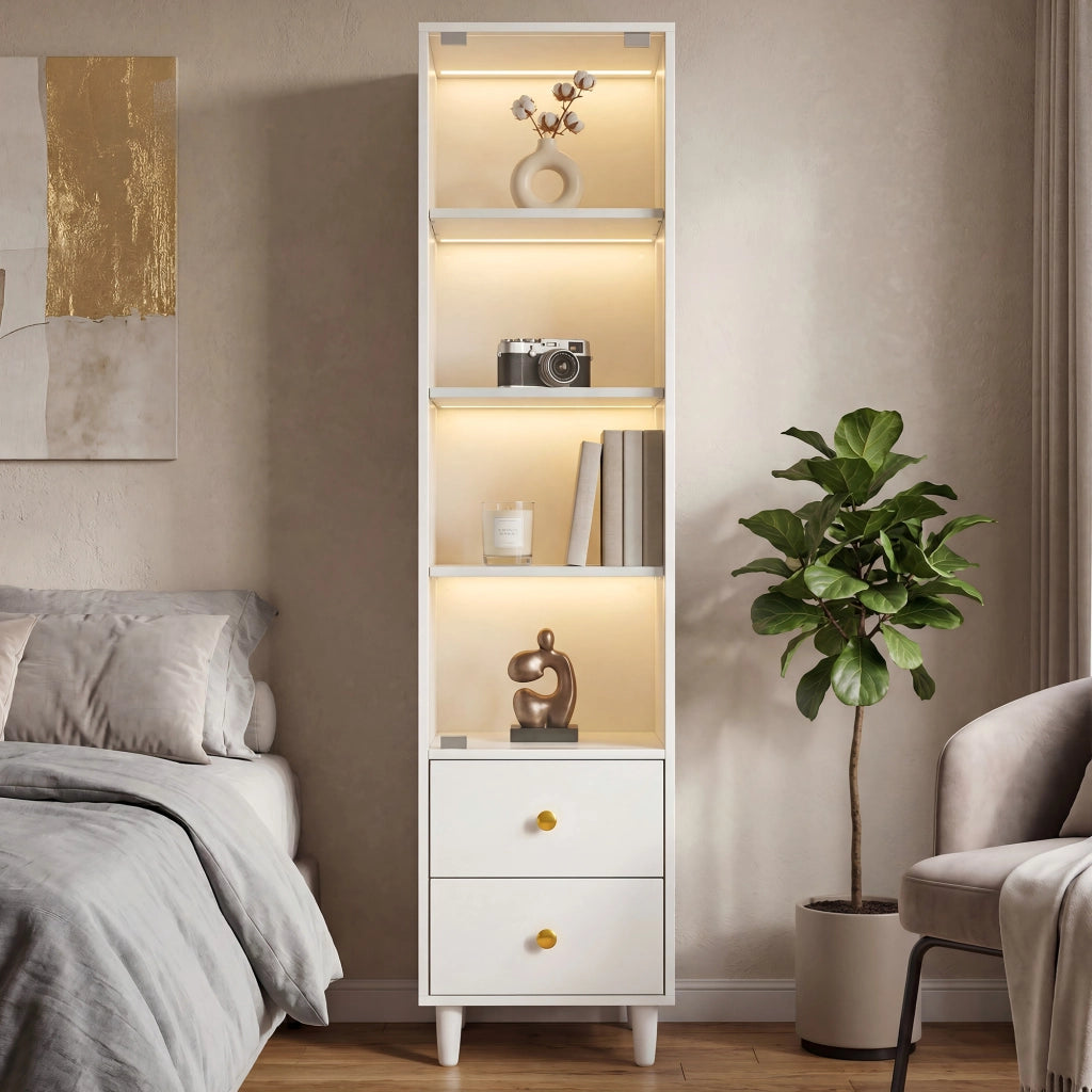 Vetrina con LED, 4 ripiani e 2 cassetti, ante in vetro, per soggiorno e sala da pranzo, in MDF e vetro, bianco