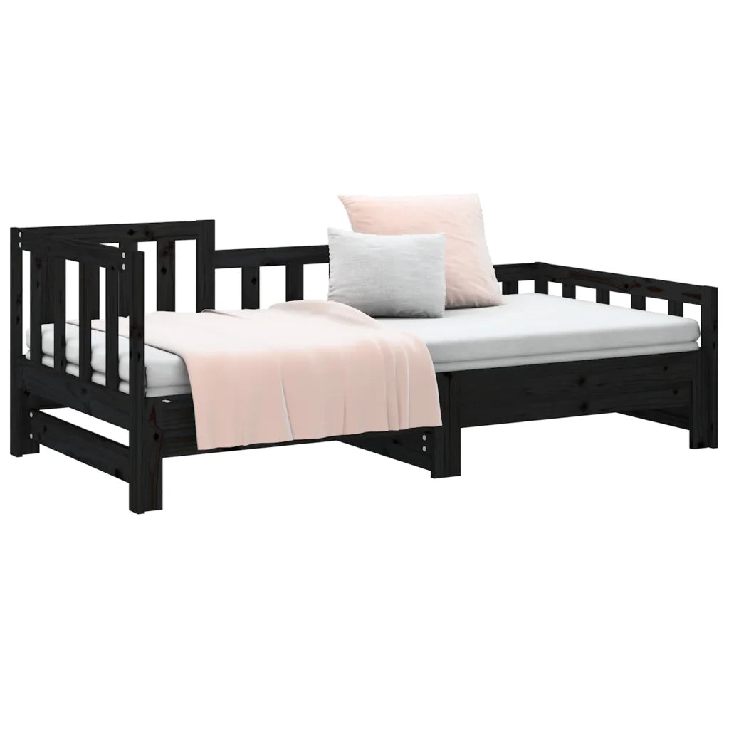Letto singolo | Letto per adulti | Dormeuse Estraibile Nera 2x(90x190) cm Legno Massello di Pino