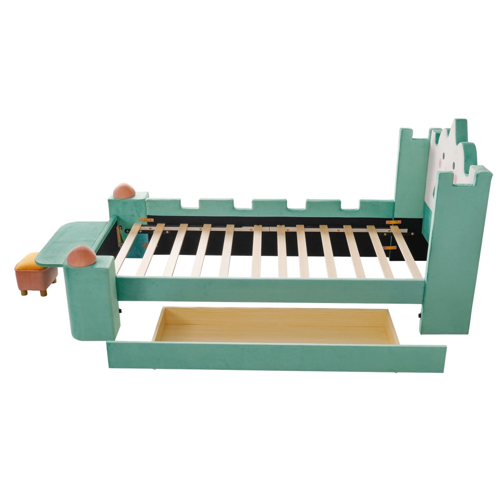 Letto per bambini 90 × 200 cm con lampada da lettura, USB, cassetto contenitore, senza materasso, blu e verde